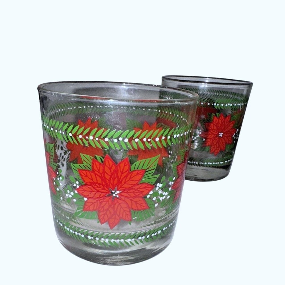 Vintage Christmas Poinsettia Glasses Set of 4 Holiday‎ Drinking Tumblers Rocks